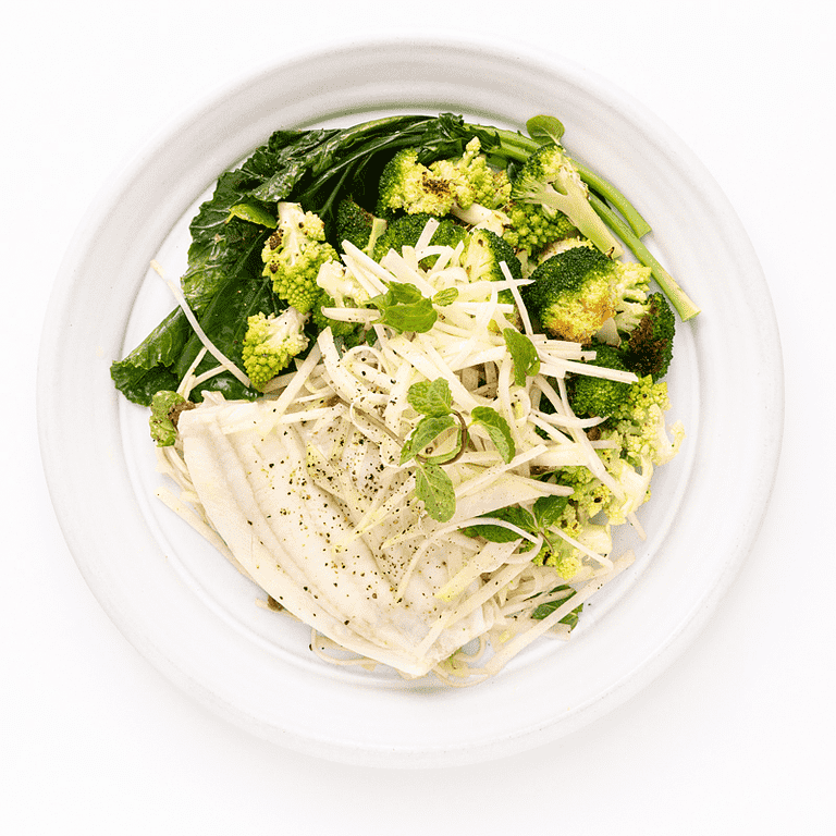 Dampet fladfisk med grillet broccoli og glaskål