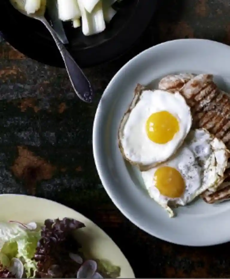 Grillet skinkeschnitzel med spejlæg, nye porrer og salat med radiser