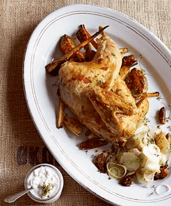 Ovnstegt kylling med blommechutney og nye kartofler