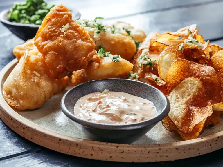 Sprød fish ‘n’ chips med kimchi-mayo