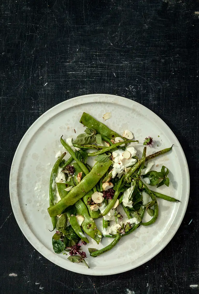 Stegte grønne bønner med hasselnødder, merian, citron og hytteost